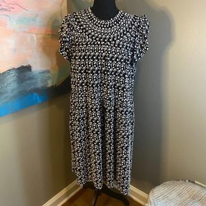 LOFT Black & White Smocked Fit & Flare Dress | Size L